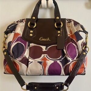 Coach Satchel Bag Brown Patent Leather Trim Shoulder Bag